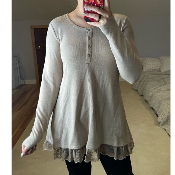LOGO: Waffle Lace Henley Taupe Thermal Long Sleeve Blouse - Picture 1 of 7